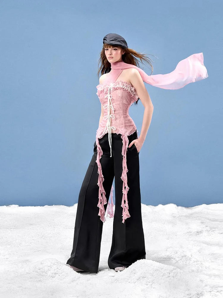 Mesh Scarf Patchwork Lace Ruffled Irregular Hem Long Tassels Frenulum Street Versatile Girly Sweet Top