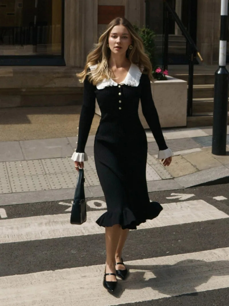 Ruffled Patchwork Knit Maxi Dress Ribbed Long Sleeve Dress Gown Slim Knit Long Dress