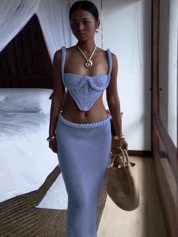 Crochet Shirring Two Piece Set Cross Backless Irregular Top Long Skirt Suits