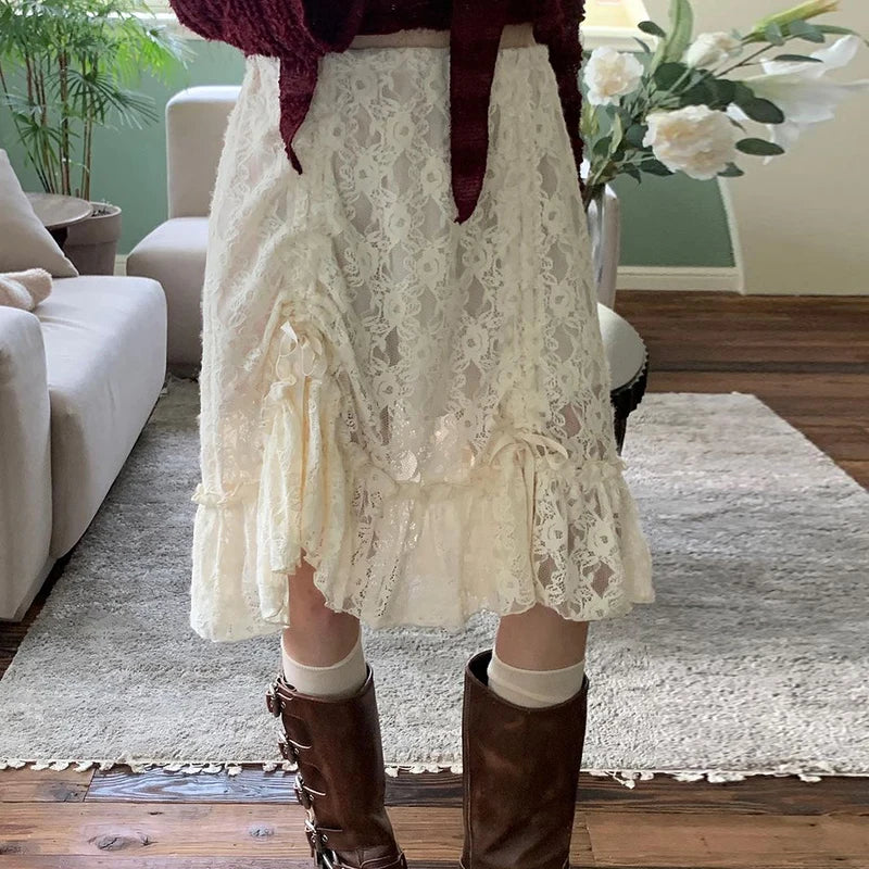 Shirring Long Skirts Knee-Length Lace Bottoms