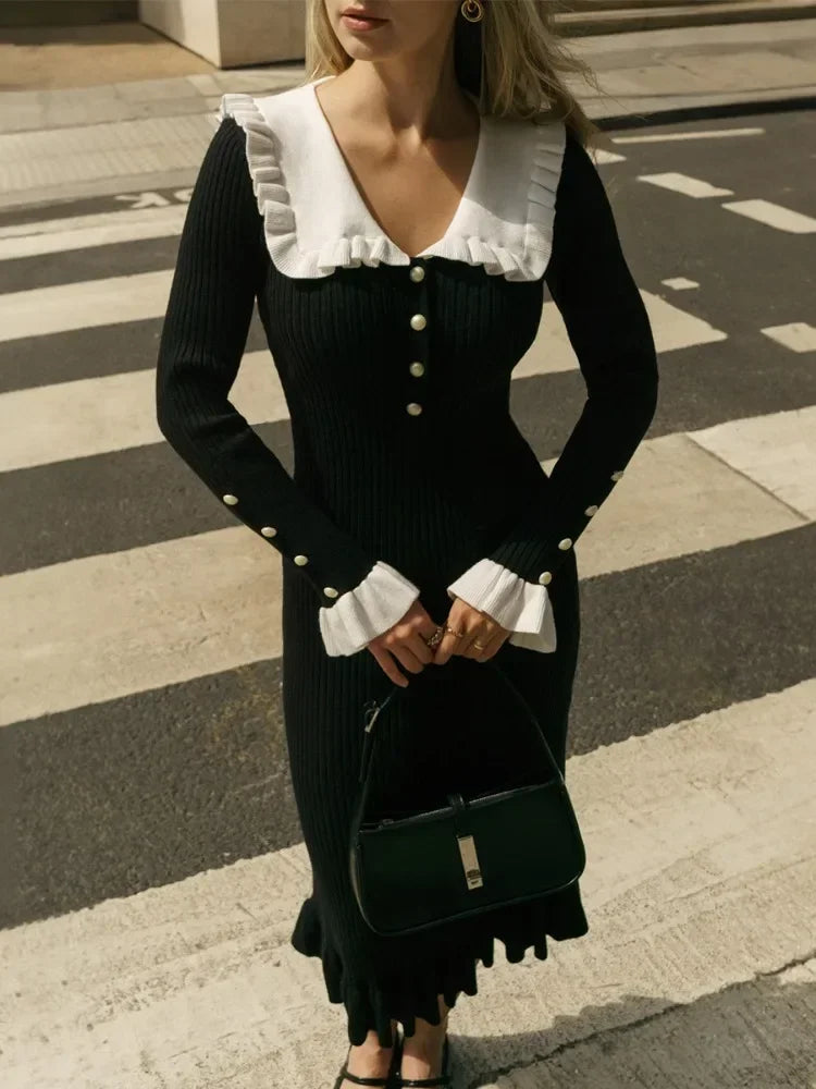 Ruffled Patchwork Knit Maxi Dress Ribbed Long Sleeve Dress Gown Slim Knit Long Dress