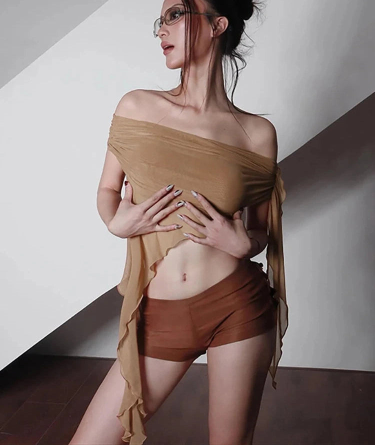 See Through t-Shirt Irregular Hem One Shoulder Pleated Ruffles Versatile Top