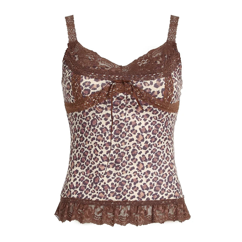 Leopard Print Camisole Backless Lace Patchwork Sleeveless Top Bustiers