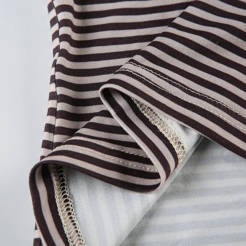 V-neck Strip Tee Shirt Long Sleeve Slim Lace-up Top