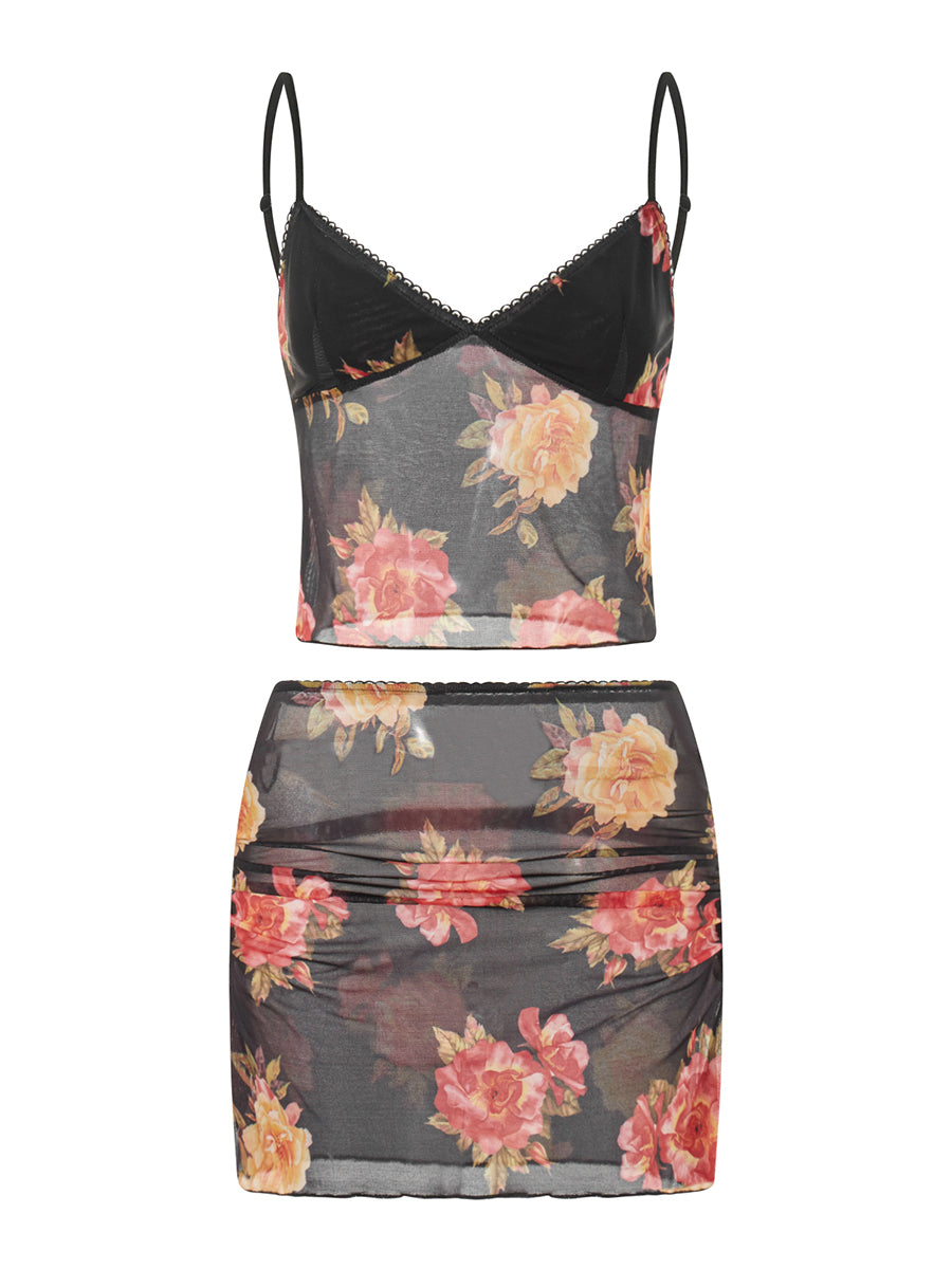 Sleeveless V Neck Low Cut Cami Top Elastic Waist Flower Print Mini Skirt 2 Piece