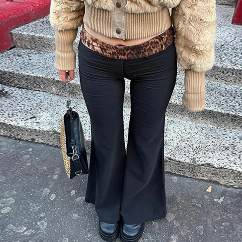 Leopard Print Patchwork Flare Pants Low Waisted 's Bottoms Retro Trousers