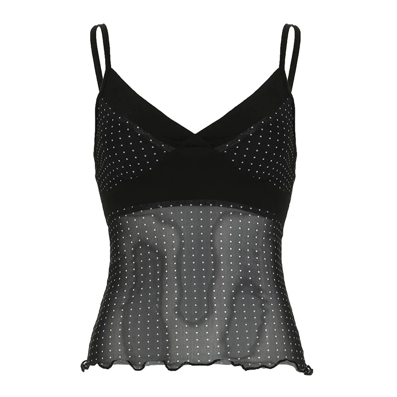 Dot Print Crop Bustiers V-neck Transparent Patchwork Sleeveless Camisole Backless