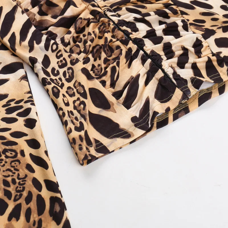 Leopard V-Neck Ruched Long Sleeve Top