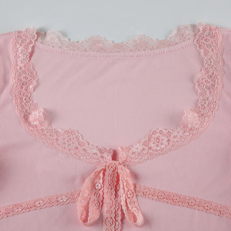 Lace Patchwork Shirt Long Sleeve Pink