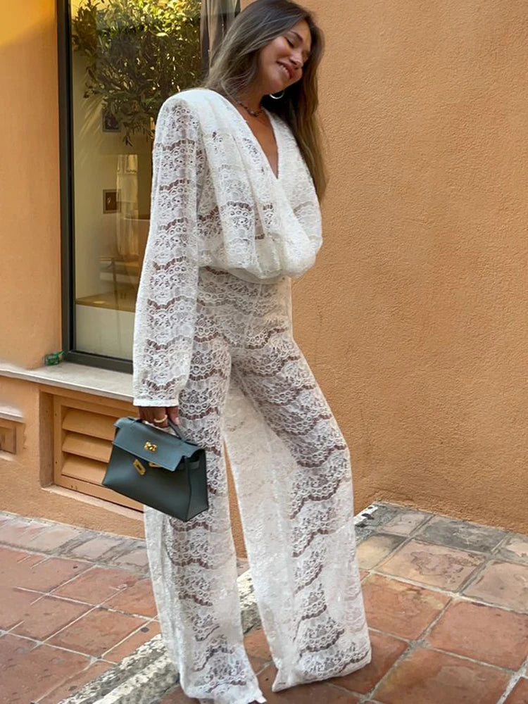 Deep V-neck See Through Lace Two Piece Sets Pant Suit Long Sleeve Top Long Pant Solid Pant Set