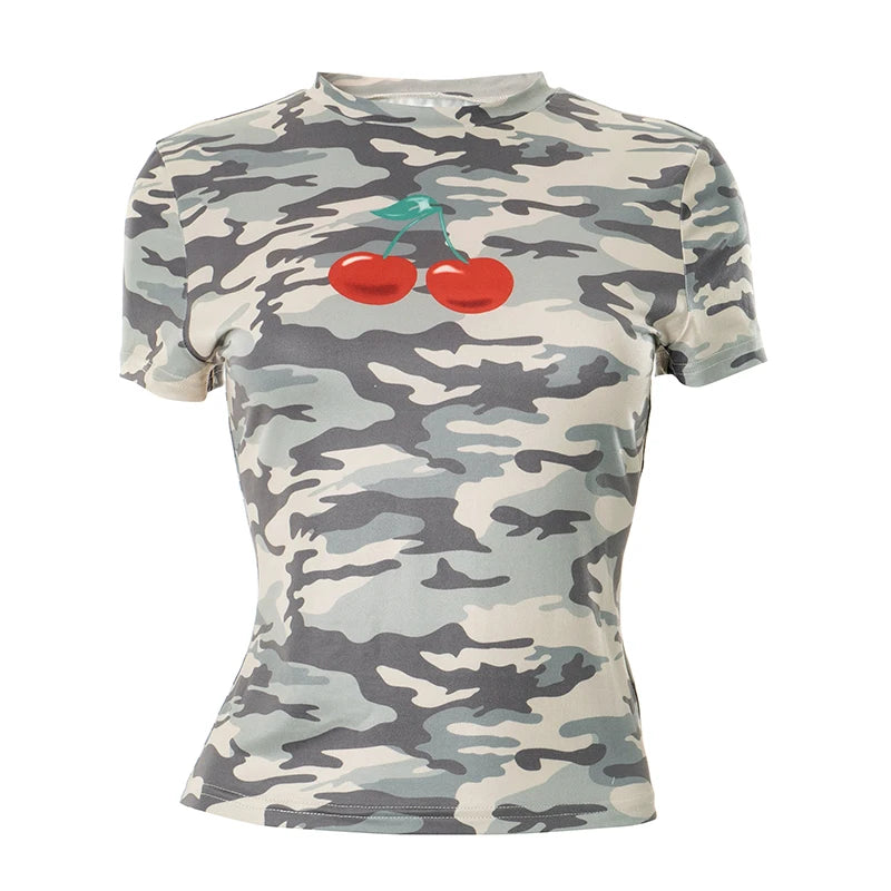 Army Green Short Sleeve Cherry Print T-Shirt