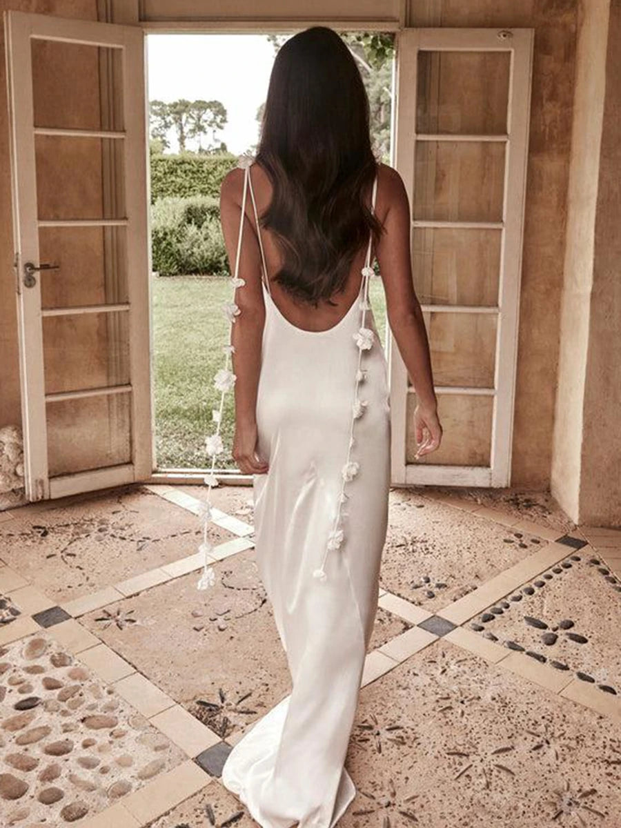 's Color Flower Tassel Backless Sleeveless Satin Maxi Long Bodycon Sling Dress