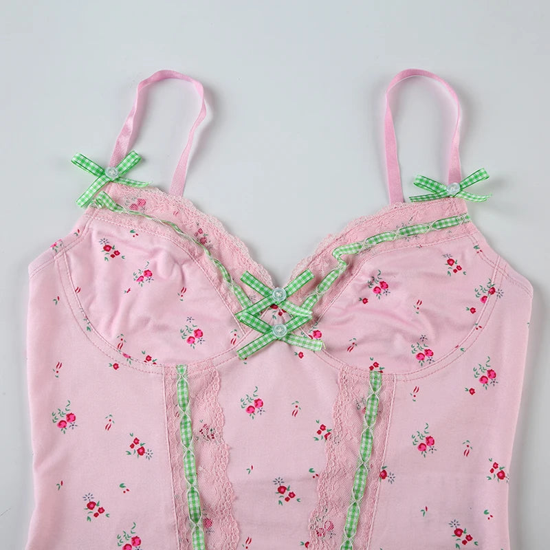 Pink Floral Lace Bow Top
