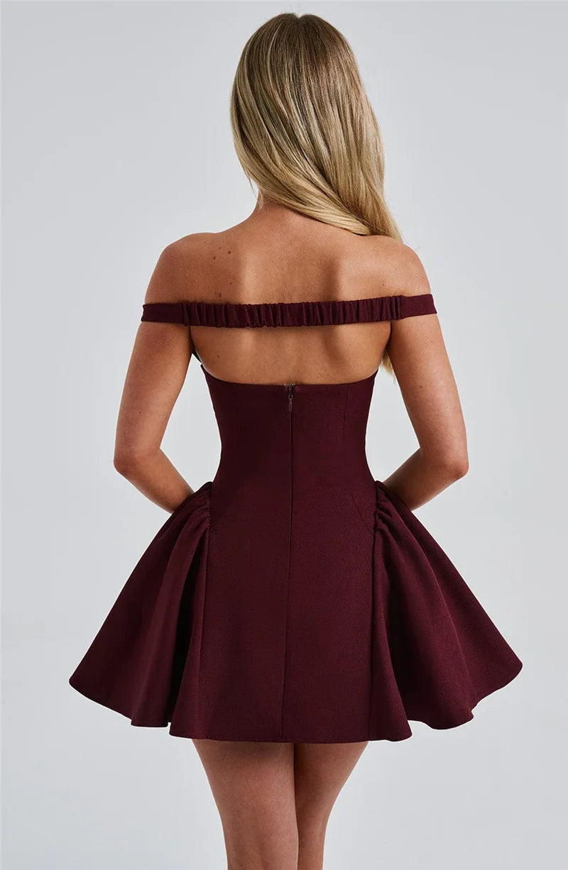 Off-shoulder Backless Mini Dress Wine Red Sleeveless Strapless High Waist A-line Dress