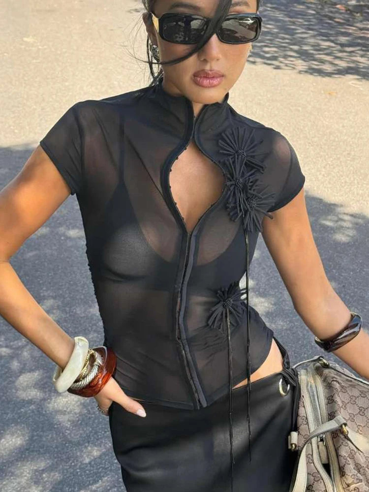 Tassel Applique Crop Top Single-Breasted Half-High Neck Tassel Midnight tie Versatile T-Shirt