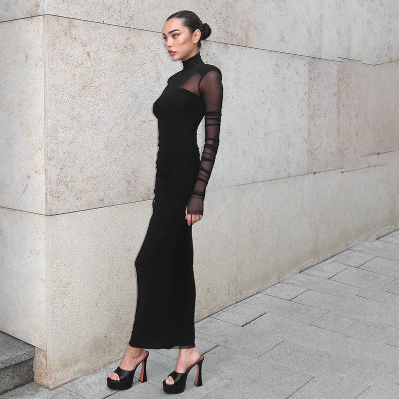 Meh See Through Sheath Dress Long Sleeve Collar Bodycon