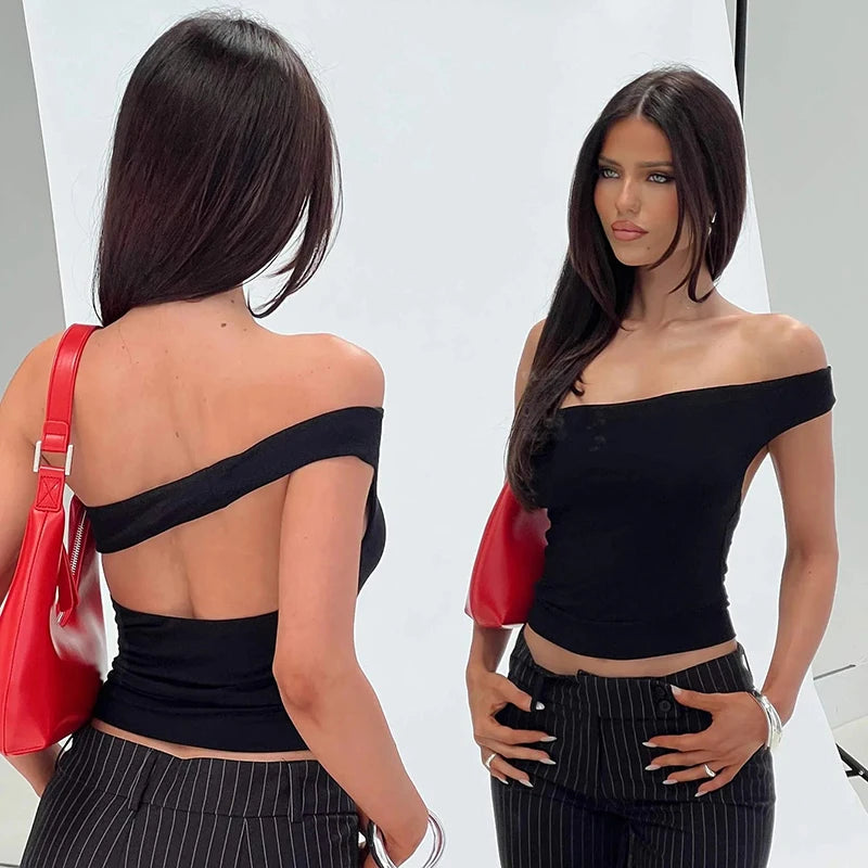 Slanting Cro One Straple Multi Backless Short Neckle Top Tee Deign Top Leiure