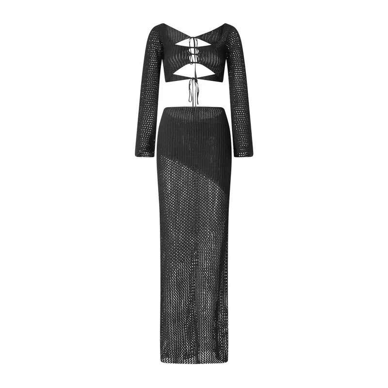Crochet Knit 2 Piece Skirt Set Hollow Out Crop Top Long Sleeve Backless Tie Up Bodycon Dress