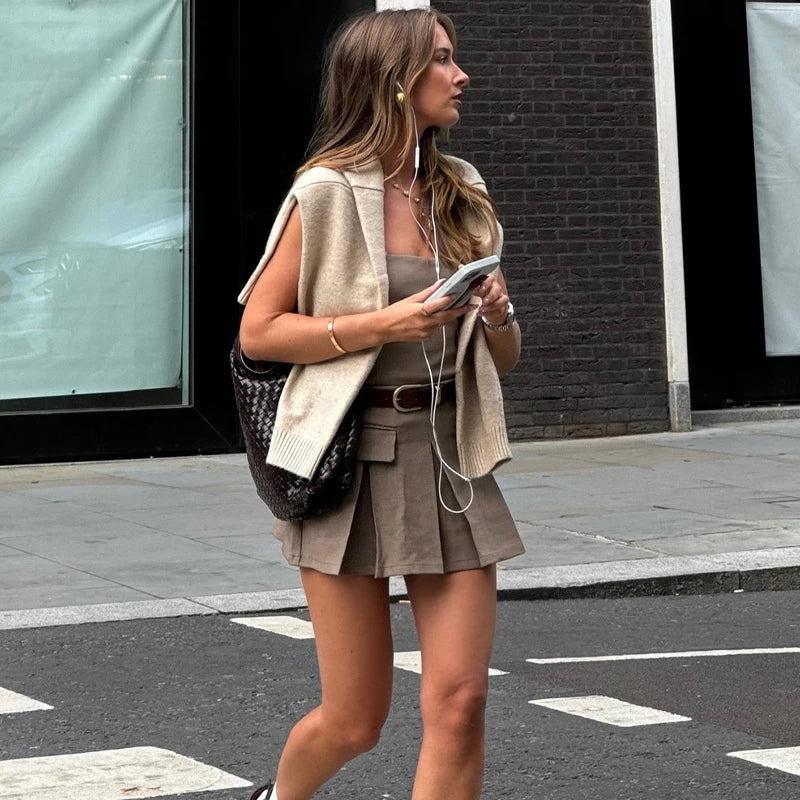 Khaki Off Shoulder Sleeveless Ruffle Mini Dress