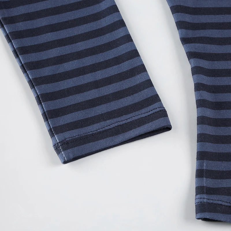 Strip Tee Shirt Button Up Slim Crewneck Top