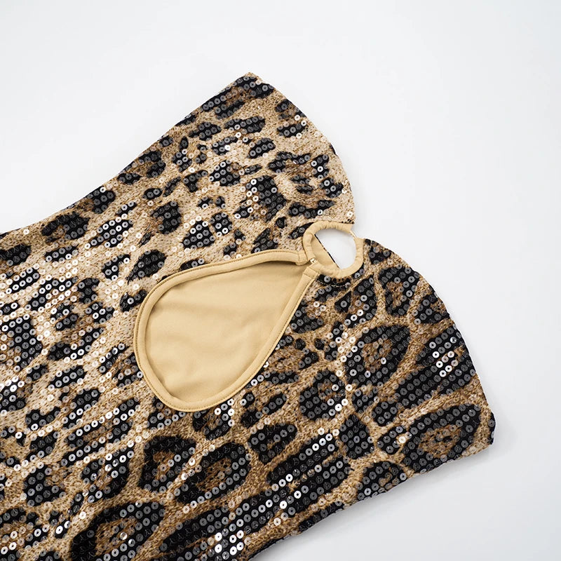 Leopard Sequins strapless Iron Ring Hollow Out Dew Backpack Hip Slim Dress