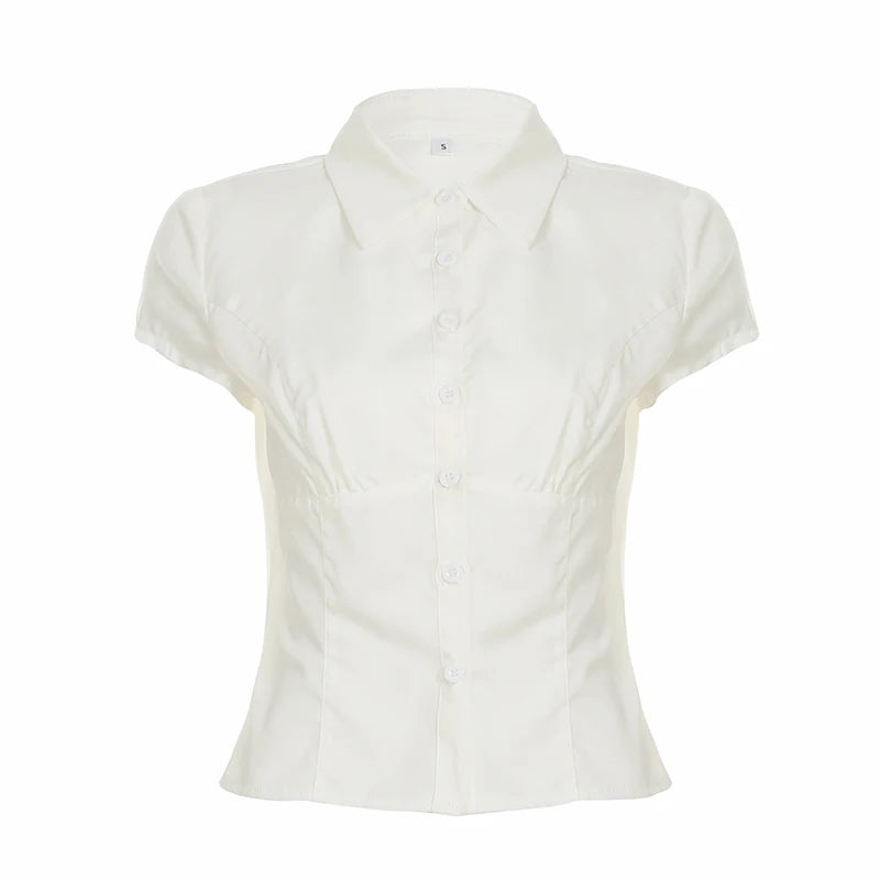 White Crop Blouses Turn-down Neck Shirts Button Up