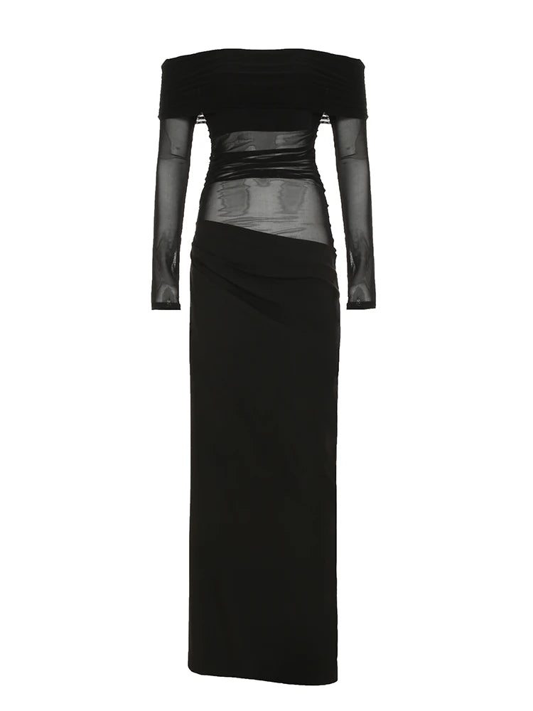 Slash Neck Lace Patchwork Dress Slim Long Sleeves