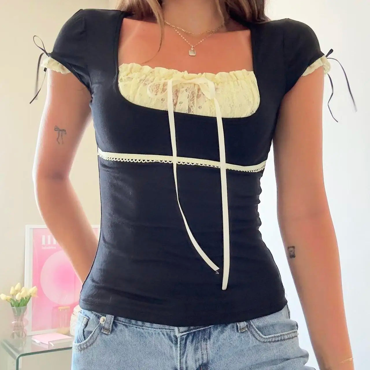 Square Collar Lace Kawaii Top Fairycore Patchwork Grunge Slim Tee Shirts