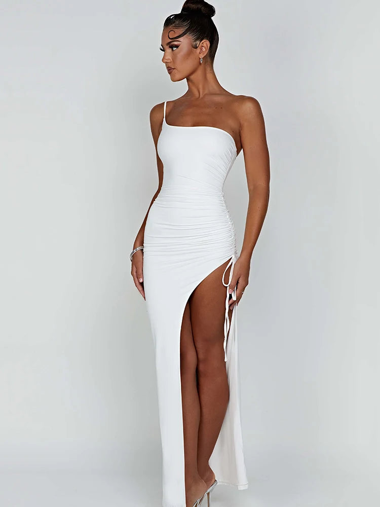 Drawstring High Slit Dress One Shoulder Slim Maxi Bodycon Pleated Dresses
