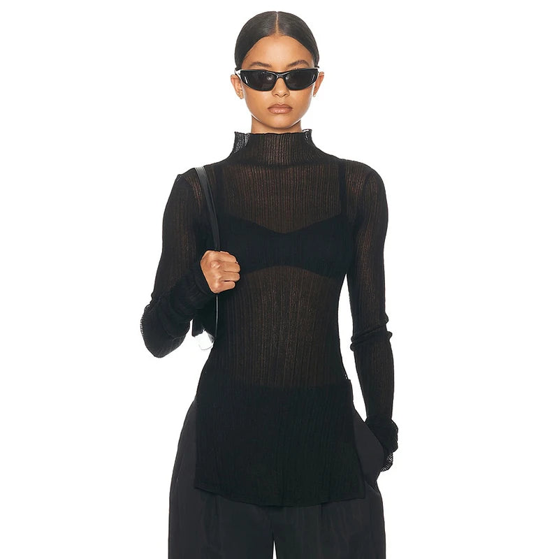 See Through Neck Pullover T-Shirt Long Sleeve Split Ribb Knit Top Side Slit