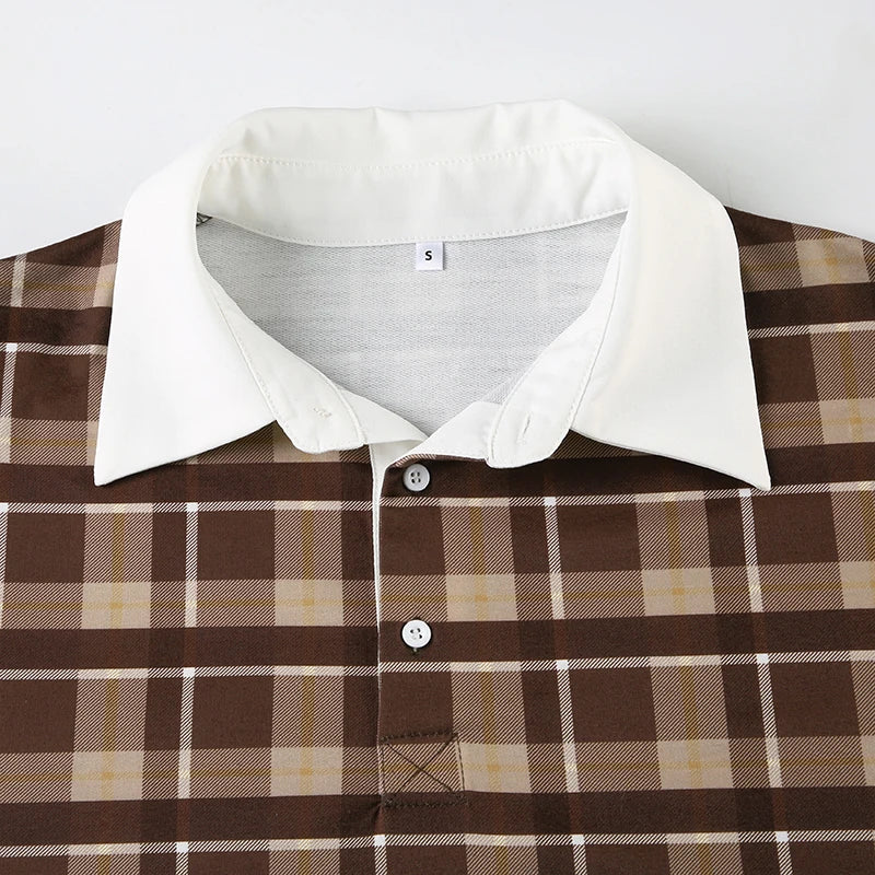 Retro Plaid Pullovers Turn-down Collar Loose Sweatshirts Brown
