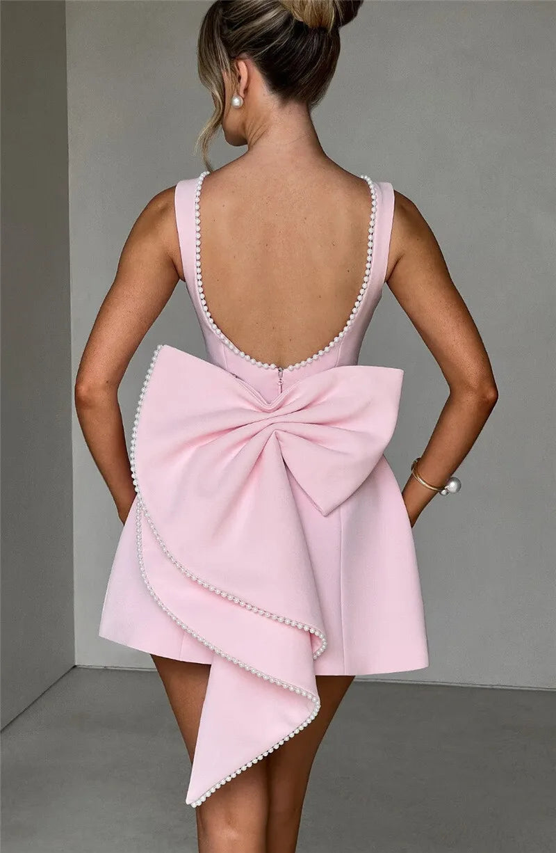 Pearl Bow Backless Mini Dress Zipper Sleeveless High Waist A-line Dress