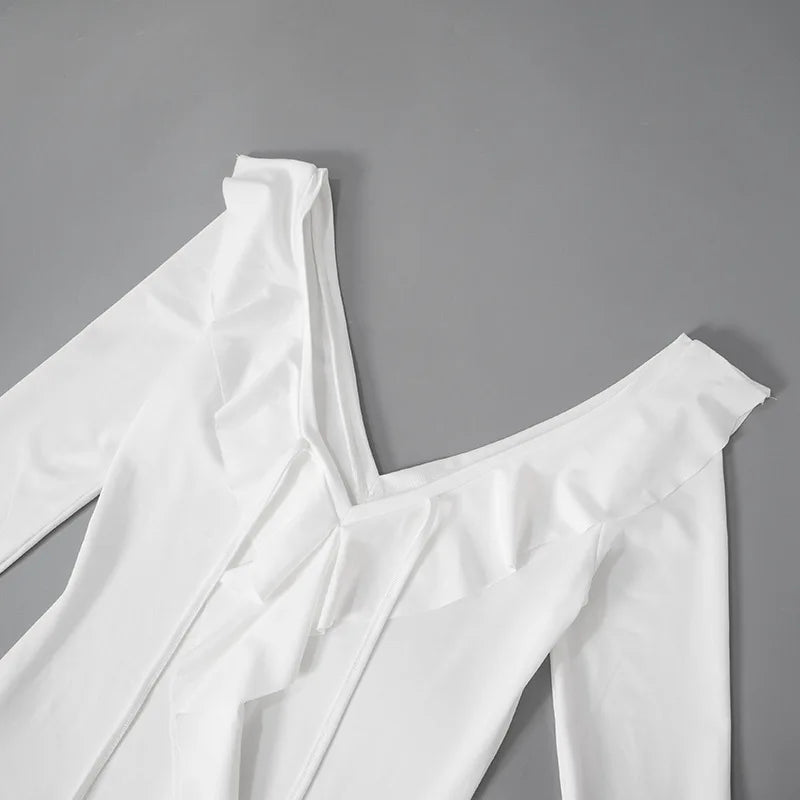 White Deep V Neck Ruffled Dress Long Flare Sleeve Short Dresses Slim