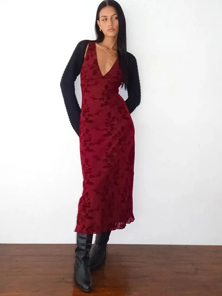 Printed Deep V Long Dress Floral Contrast Color Sleeveless Waist Slim Dress Long Dress
