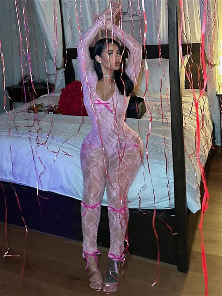 Lace Transparent Thin Solid Jumpsuit Long Sleeve Slim Fit Sheer Night Street Jumpsuit