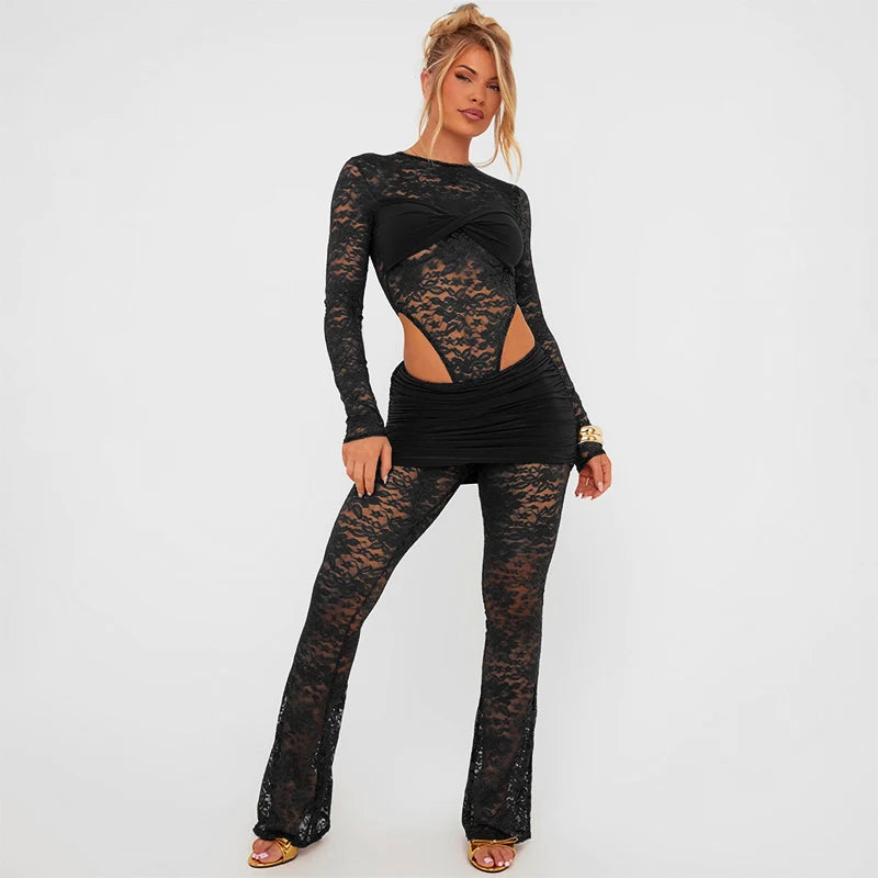 Lace See-Through Set Head Round Neck Long Sleeve Bodyuit Lace Patchwork Flar Pant Set
