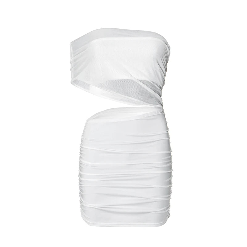 Spring And 'S Mesh Patchwork Diagonal Shoulder Hollow Out Dew Waist Package Hip Dress