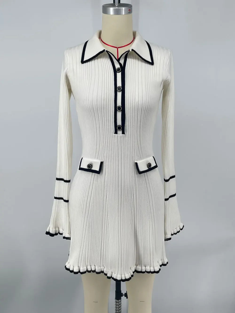 Knitted Mini Dress Ruffled Rib High Waist Dresses s Long Sleeve Banquet Dress