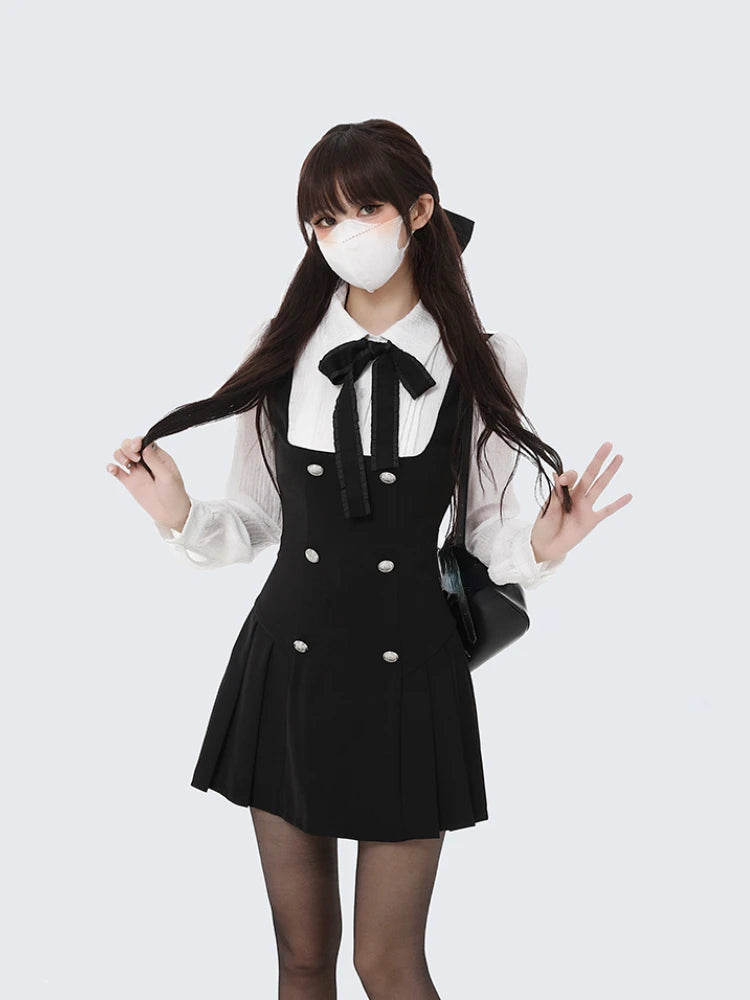 Fake Two Dress Slim Chic Long Sleeve Bow Casual Y2k Mini Dress Korean Short Dress