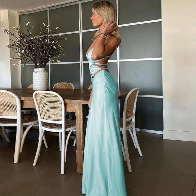 V Neck Hollow Out Backless Bodycon Maxi Dress