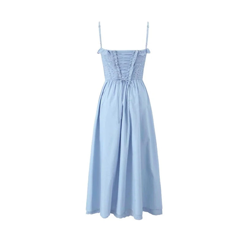 Midi Dress Blue Lace Spaghetti Strap Crochet Dress High Split Birthday Dress