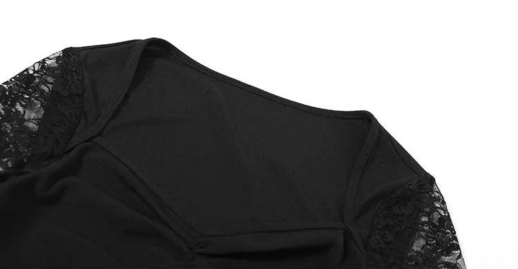 Black Mysterious Lace Stitching Mature Fishbone Beautiful Sweet Gentle Long Sleeve Hip Short Dress