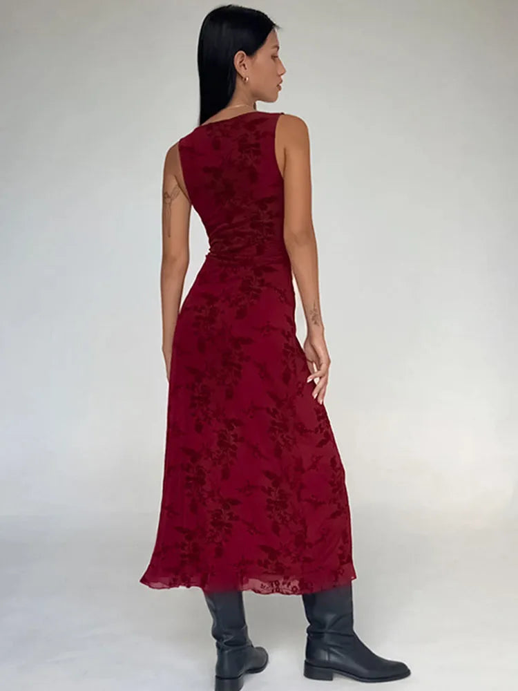 Printed Deep V Long Dress Floral Contrast Color Sleeveless Waist Slim Dress Long Dress