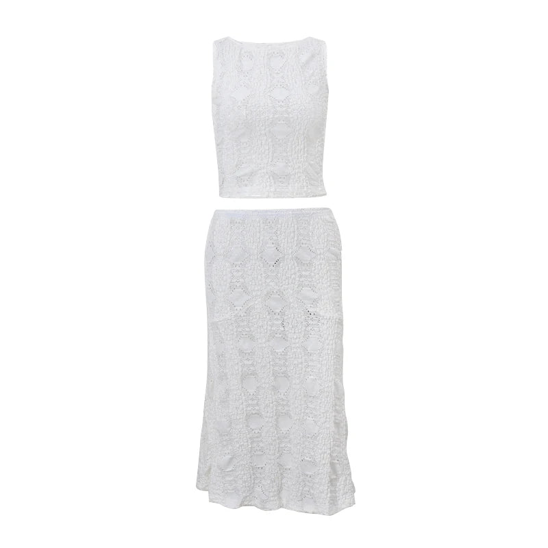 Dress Set Slim Fit Sleeveless Lace Hollow Top with White Skirt Two Piece Set