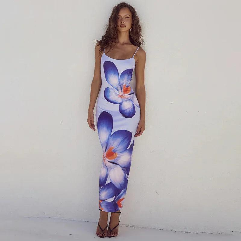 Floreal Long Dress Gown Spaghetti Strap Sleeveless Backless Bodycon Midi Dress