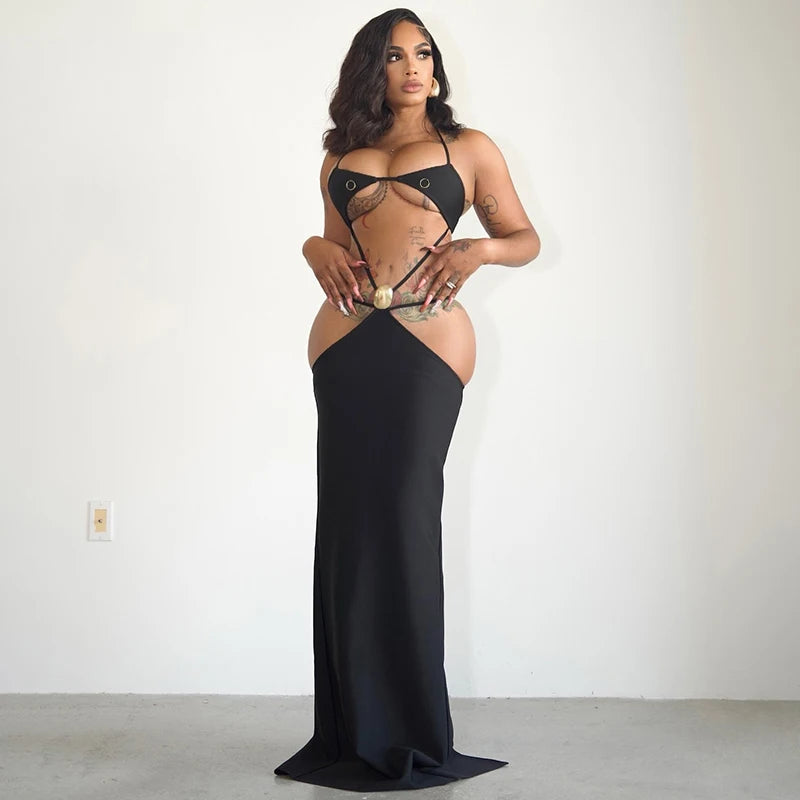 Backless Cro Strap Hollow Out Dress Temperament Long Dress