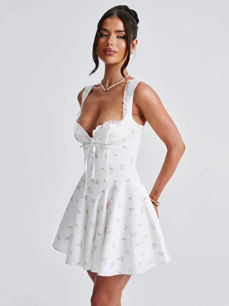 Sleeveless Deep V Backless Pleated Dress Hip Skirt Bodycon Slim Fit Printed Lace Dress