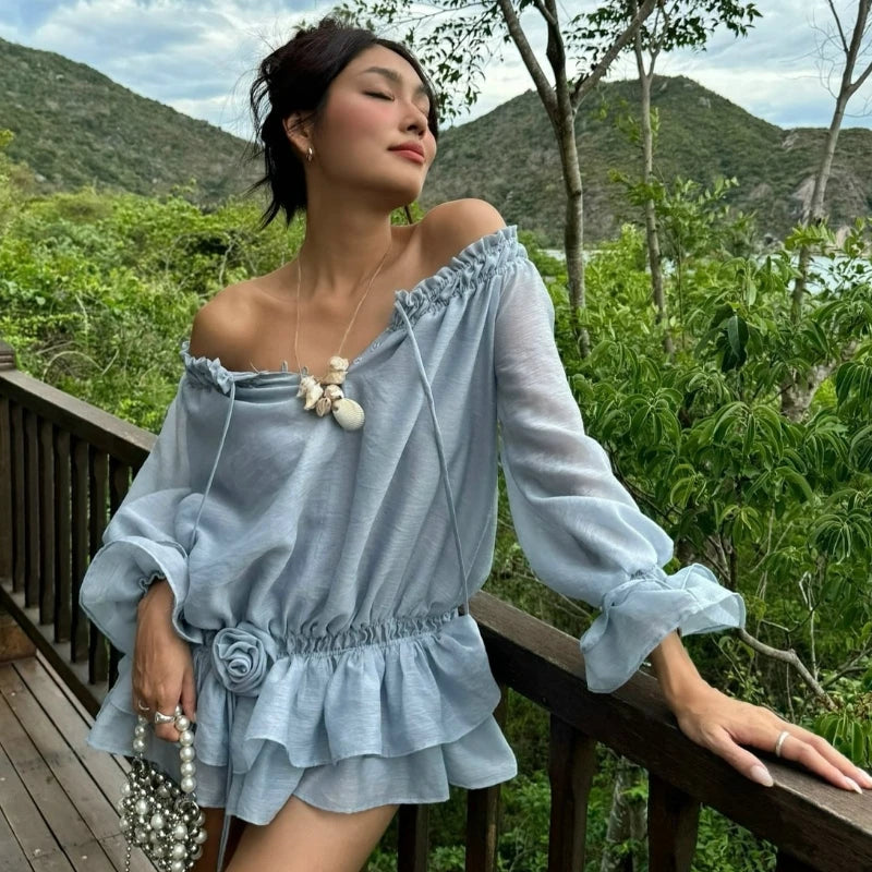 Mesh Ruffles Mini Dress Sheer Sleeve Slash Neck Slim Flower Lace Up Dress Street