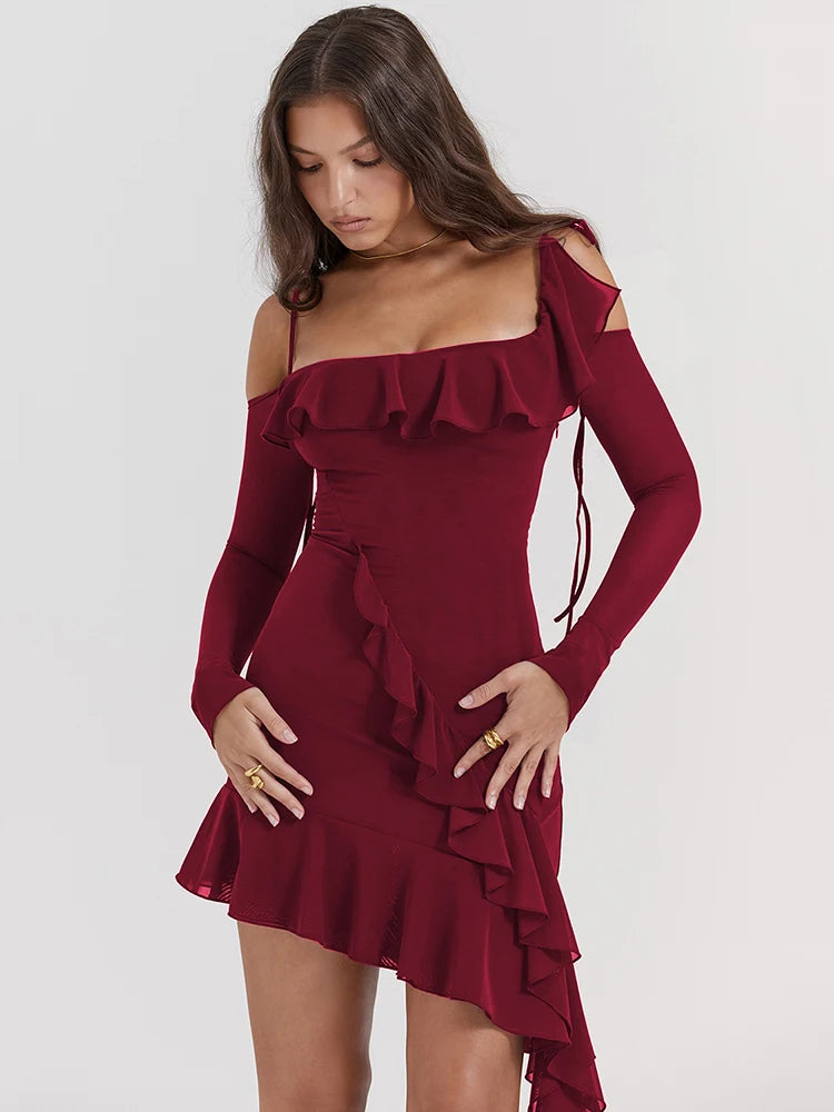 Strap One Line Neck Double Layer Long Sleeve Dress Slim Fit Ruffles Irregular Mini Dress