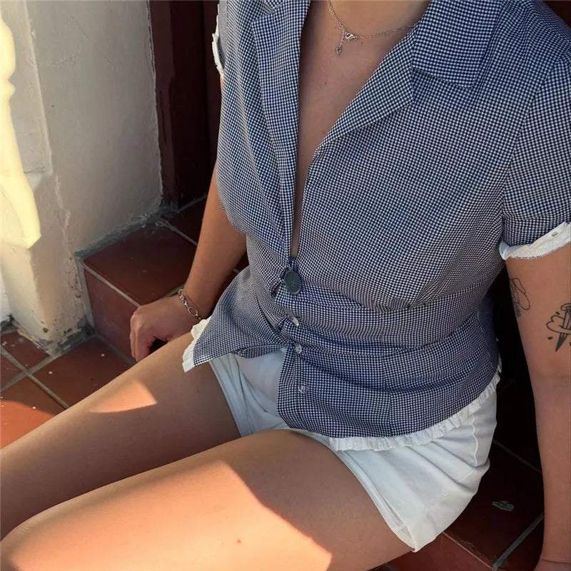 Button Down Shirt Slim Fit Contrast Color Plaid Lapel V Neck Short Sleeve Top Preppy Coquette